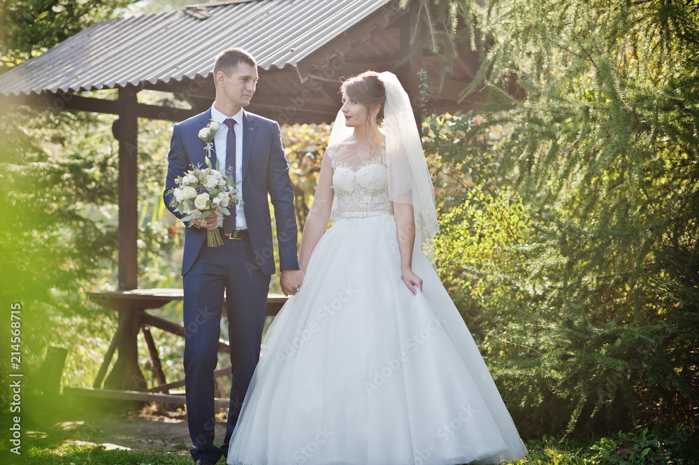 Happy newly married couple posing outdoors in the garden or park next to the wooden gazebo on their wedding day.