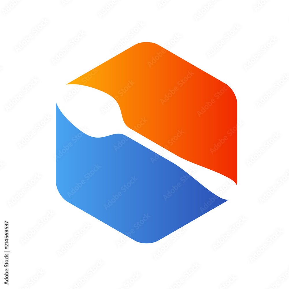 Icono plano cuchara en hexagono azul y naranja Icono plano cuchara en hexagono azul y naranja