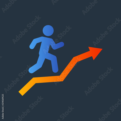 Icono plano corredor en flecha en azul y naranja en fondo gris