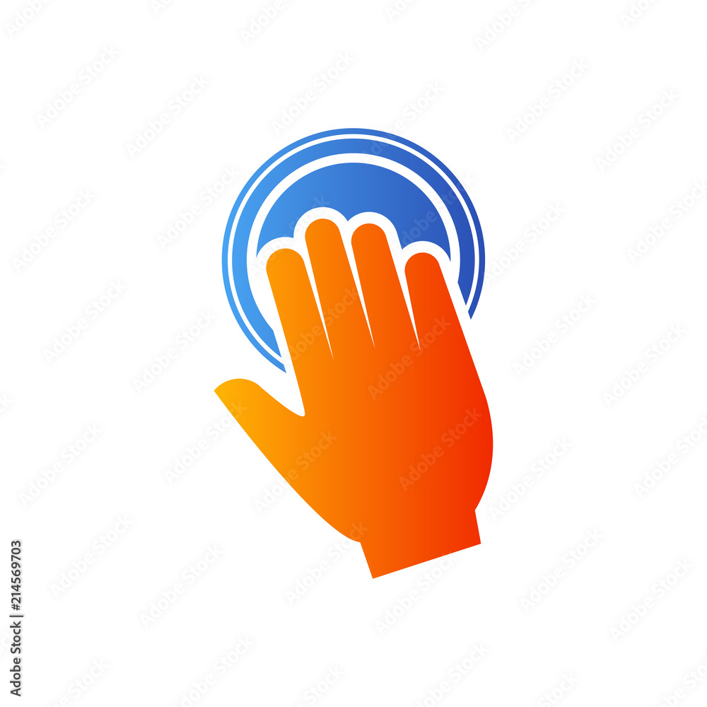 Logotipo mano en boton en azul y naranja