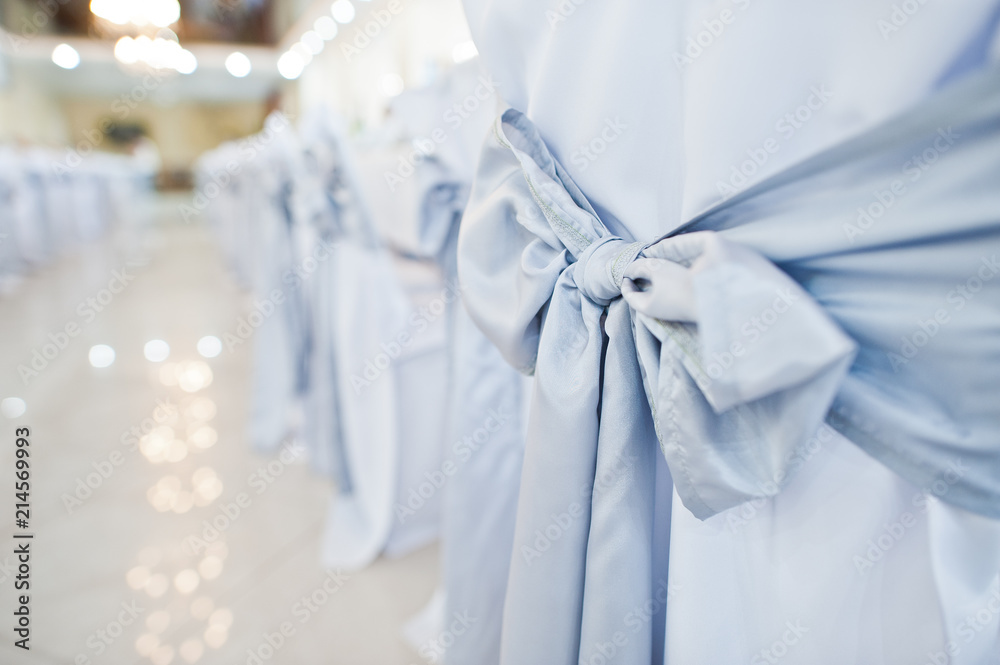 Close-up photo of big blue bows tied on white wedding chairs.