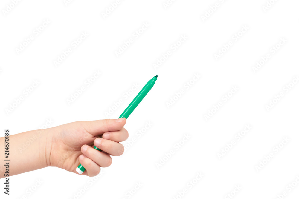 Kid hand hold color felt pen with hand, isolated on white background. copy space template Kid hand hold color felt pen with hand, isolated on white background. copy space template