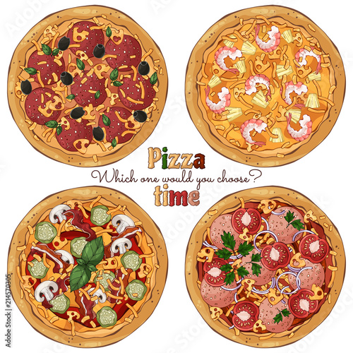 Group of vector colorful illustrations on the pizza theme; several kinds of pizzas, cooked according to different recipes. Pictures contain realistic shadows and glare.
