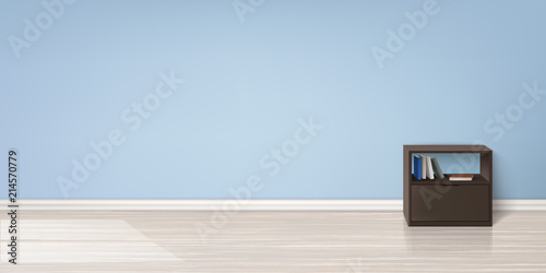 Vector realistic mockup of empty room with flat blue wall, wooden floor, brown stand with books in it. Studio with minimalistic interior. Template for your creative design and presentations