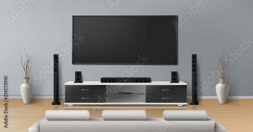 Vector realistic mockup of living room with big plasma tv on flat gray wall, black stand with modern home theater system, white sofa for watching movies. Minimalistic interior of residential apartment