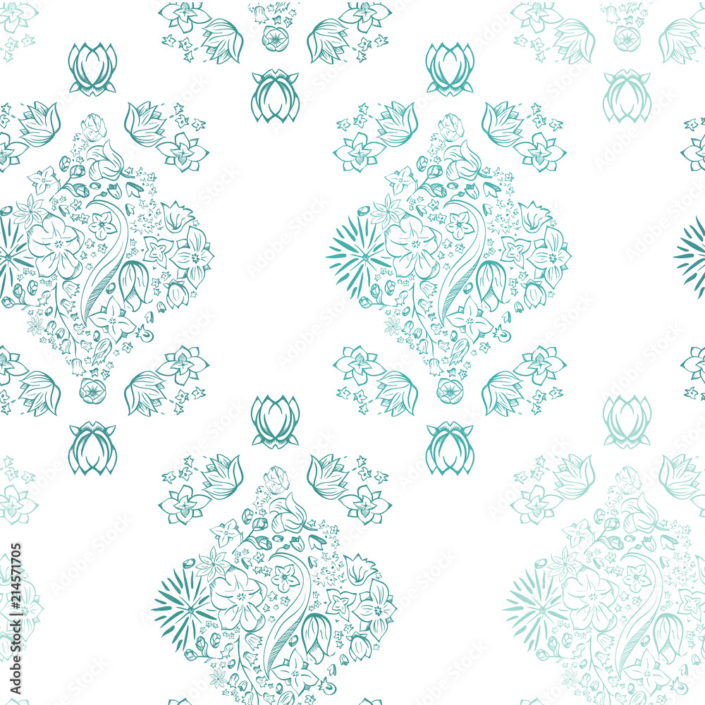 Vector Vertical Flowerly Tiles in white and turquoise seamless pattern background. Perfect for fabric, scrapbooking and wallpaper projects. 