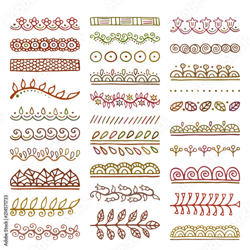 Mehndi style vector dividers. Set of creative hand drawn borders for your blog post decoration. Decorative lines for indian restaurant menu design. Perfect for your business.