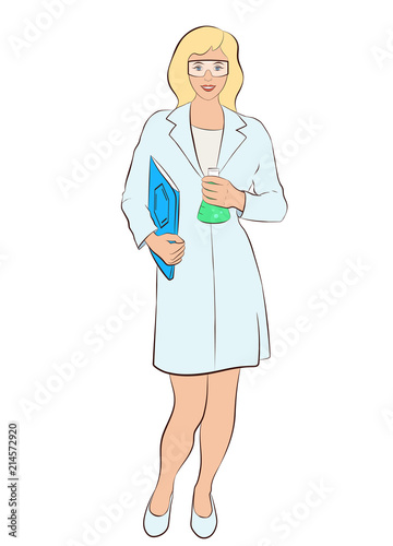 Blonde chemist woman with Erlenmeyer flask isolated on white background
