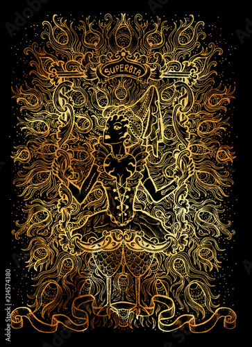 Pride. Latin word Superbia means Vanity. Seven deadly sins concept on black background. Hand drawn engraved illustration, tattoo and t-shirt design, religious symbol