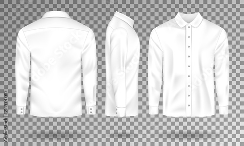 Blank male shirt template. Realistic Men s shirt with long sleeves front, side, back view. White cotton Shirt isolated. Vector illustration