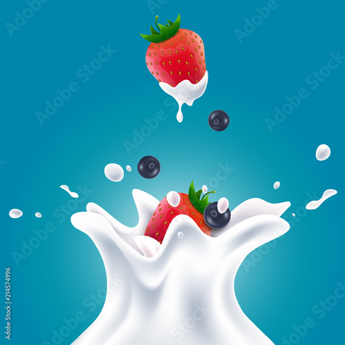 Vector realistic milk splashes with blueberries and red strawberries gradient background