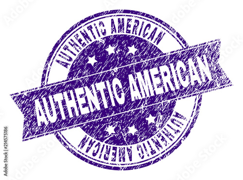 AUTHENTIC AMERICAN stamp seal imprint with distress texture. Designed with ribbon and circles. Violet vector rubber print of AUTHENTIC AMERICAN caption with corroded texture.