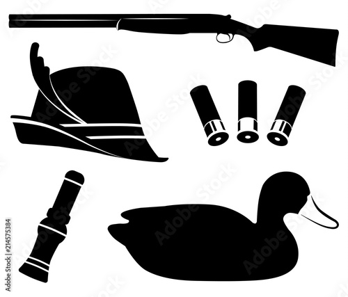 Hunting set vector. Duck hunting. Shotgun, duck call , decoys, hat, shell photo