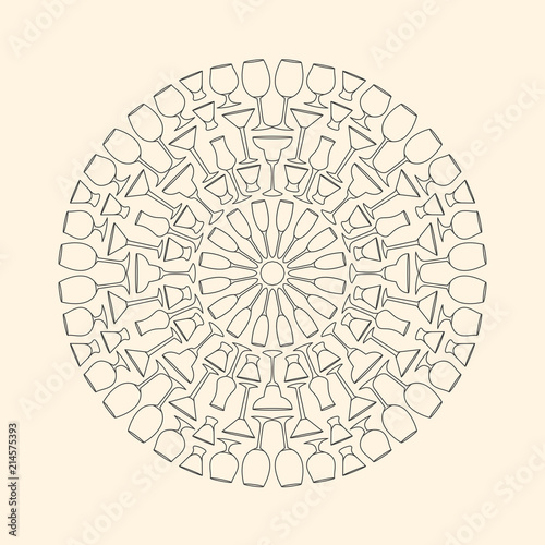 Decorative mandala composed of drinkware, glasses, bar decoration, coaster design