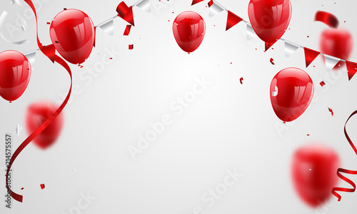 Red balloons, confetti concept design 17 August Happy Independence Day greeting background. Celebration Vector illustration.