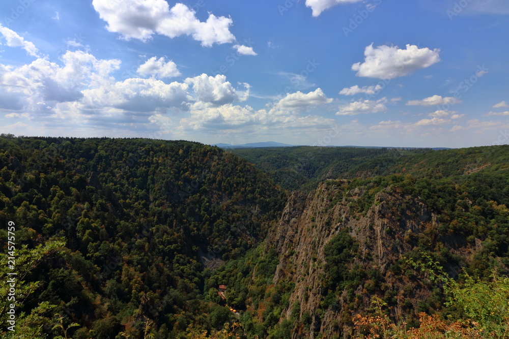 Harz landscape panorama, view into the famous Bode Gorge, Harz Mountains, Saxony-Anhalt, Germany