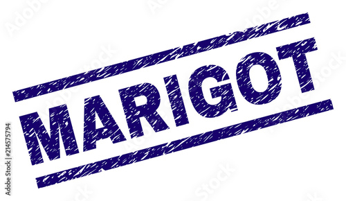 MARIGOT stamp seal watermark with distress style. Blue vector rubber print of MARIGOT text with dirty texture. Text caption is placed between parallel lines.