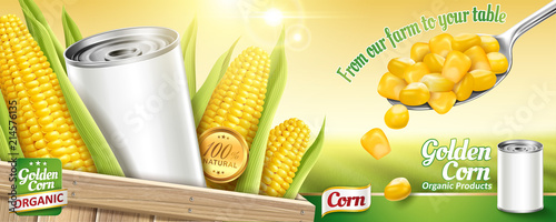 Sweet corn ads with blank tin can