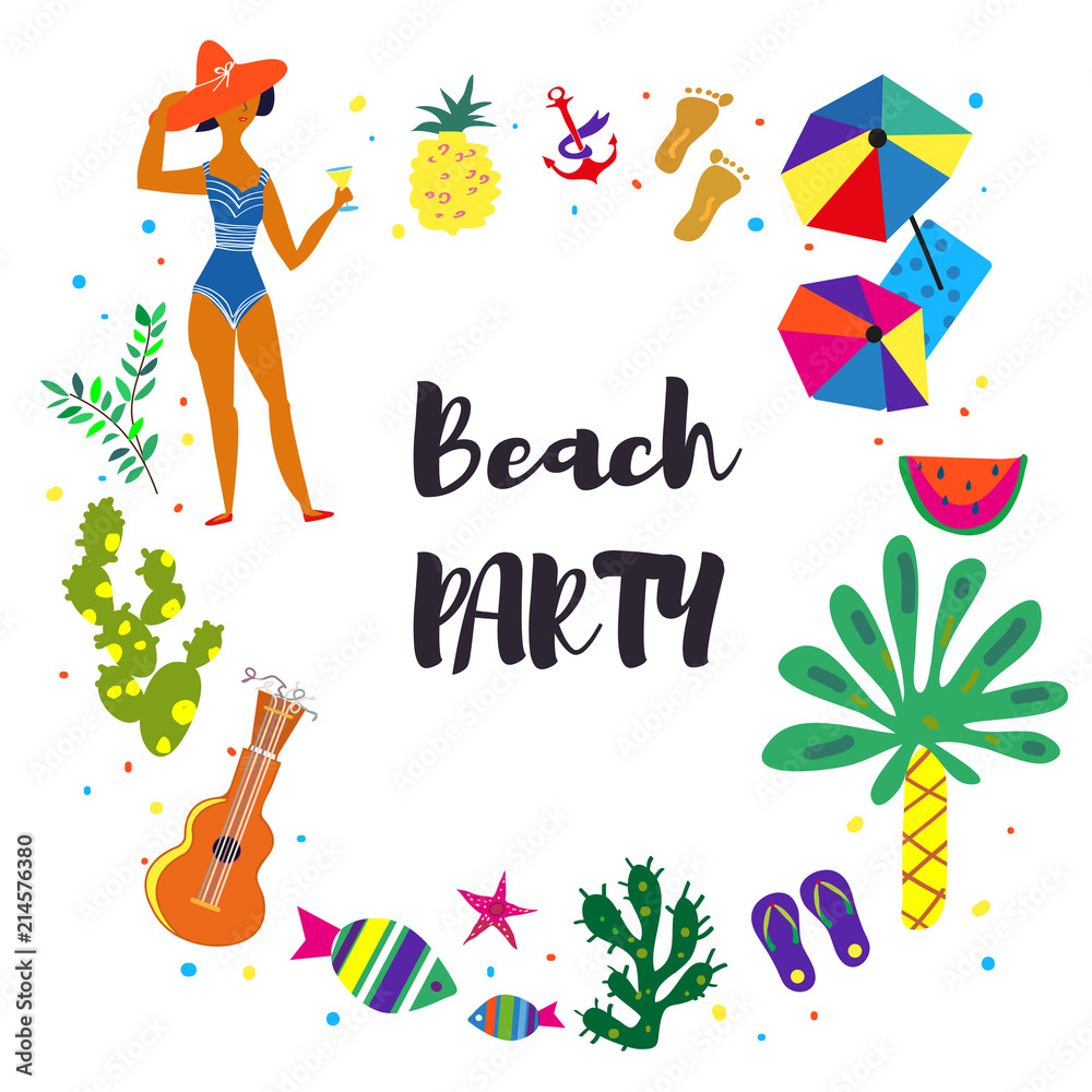 Naklejka premium Beach party background for the card or invitation. Vector graphic illustration