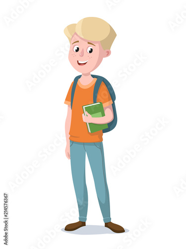 Happy schoolboy is standing with a book. Vector illustration.