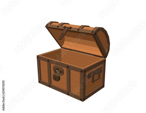 Opened empty wooden chest. Isolated on white background. Vector illustration.