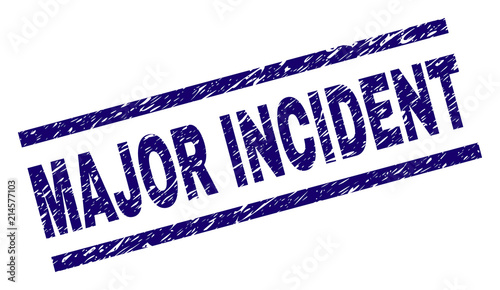 MAJOR INCIDENT stamp seal watermark with scratced style. Blue vector rubber print of MAJOR INCIDENT text with unclean texture. Text caption is placed between parallel lines.