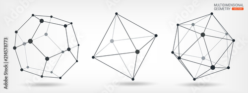 Transparent frame of complex shapes. Polyhedra. Geometric shapes. Abstract background. Lines and points. Multidimensional geometry. Cybernetics and technology.
