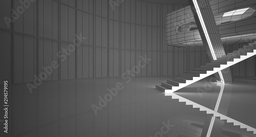 Abstract drawing white interior multilevel public space with window. 3D illustration and rendering.