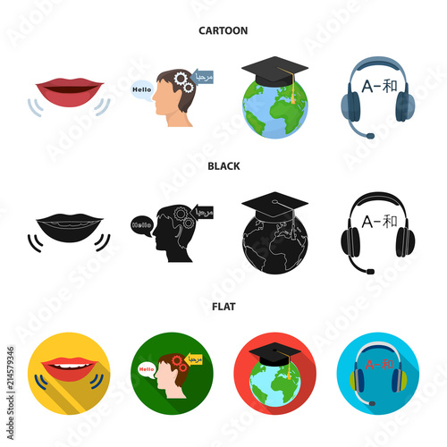 The mouth of the person speaking, the person head translating the text, the globe with the master cap, the headphones with the translation. Interpreter and translator set collection icons in cartoon