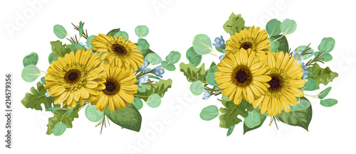 Watercolor illustration set of bouquet templates for wedding invitation, postcard, design, banner, romantic greeting card. Yellow gerbera flowers with eucalyptus leaves and wax flowers isolated