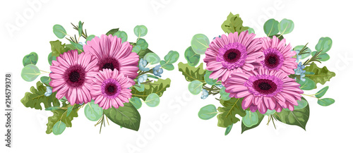 Vector floral bouquet, set composition for wedding invitation, greeting card, design, banner, romantic greeting card. Pink gerbera flowers with eucalyptus leaves and wax flowers isolated on white