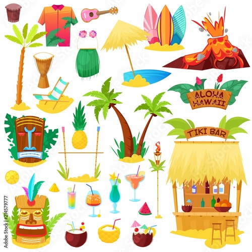 Hawaii vector hawaiian beach with tropical palm and sunbed or exotic fruity cocktails on summer vacation illustration set of hula tiki mask and surf icons isolated on white background