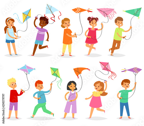 Kids kite vector child character boy or girl playing and childly kiteflying activity illustration set of children with kites game isolated on white background