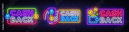 Cash Back neon signs collection vector design template. Cash Back symbols neon logo, light banner design element colorful modern design trend, night bright advertising, bright sign. Vector