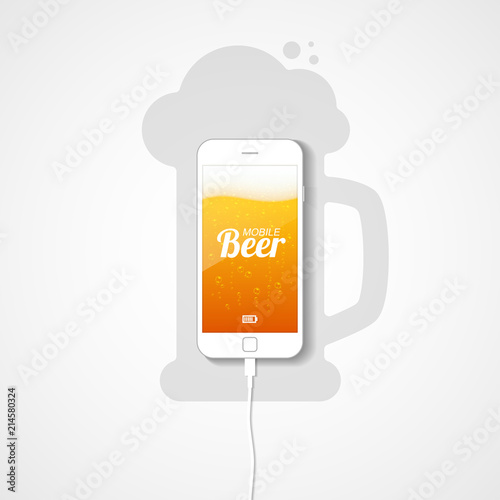 The smartphone lies on the plane connected to the charger. Silhouette of a mug of beer. The phone's screen shows a light beer with bubbles of gas and foam. Vector illustration.