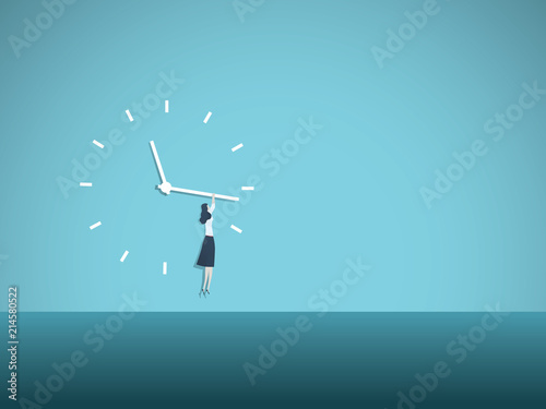 Time's up movement vector illustration concept with woman hanging on clock face. Symbol of progress, equal opportunities, salary gap, gender issues.