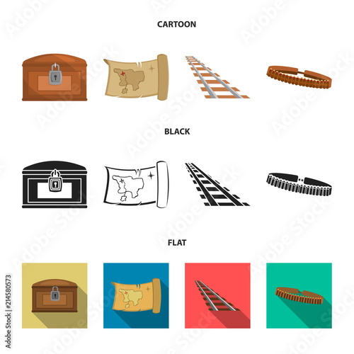Treasure map, chest, rails, patrol.Wild west set collection icons in cartoon,black,flat style vector symbol stock illustration web.