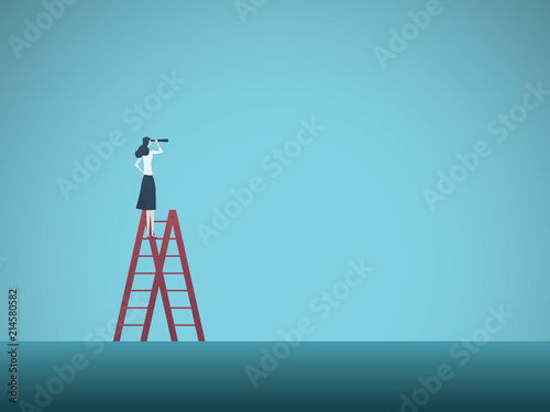 Business vision vector concept with business man standing on top of ladder. Symbol of visionary, challenges, career progress, growth, new opportunities.