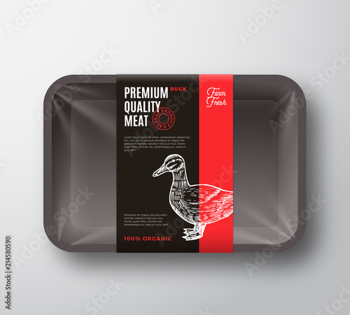 Premium Quality Duck Meat Package and Label Stripe. Vector Food Plastic Tray Container with Cellophane Cover. Packaging Design Layout. Modern Typography and Hand Drawn Duck Silhouette Background.