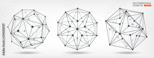 Polyhedra. Transparent frame of complex shapes. Geometric shapes. Abstract background. Lines and points. Multidimensional geometry. Cybernetics and technology. Set of templates for design projects.