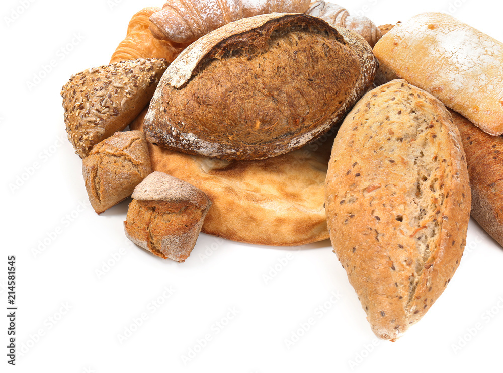 Different bakery products on white background