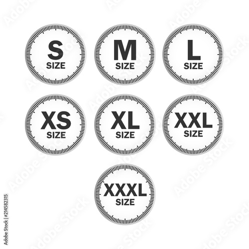 set icons symbols size clothing, literal measurement standard clothing size from big to small s xxxl sticker, vector template label.