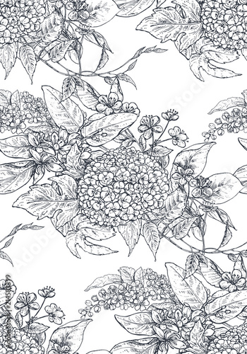 Vector seamless pattern with hand drawn flowers, blooming tree branches.