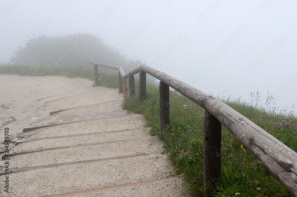 The path with steps in the Alpine mountains in the fog