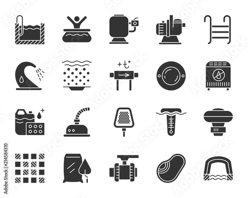 Pool equipment black silhouette icons vector set