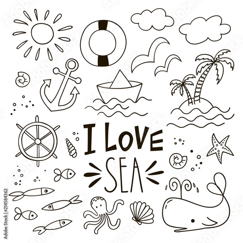 Set of lovely doodle icons. Hand-drawn bout, sea animals and other elements. Black and white vector clipart.