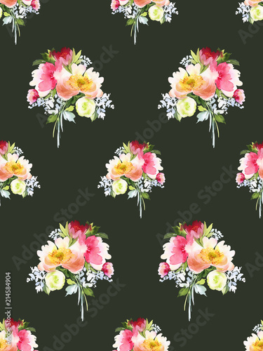 Seamless summer pattern with watercolor flowers handmade.