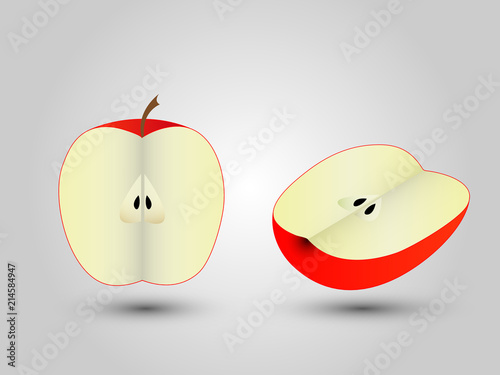 A red apple cut into two pieces or halves on white background vector illustration