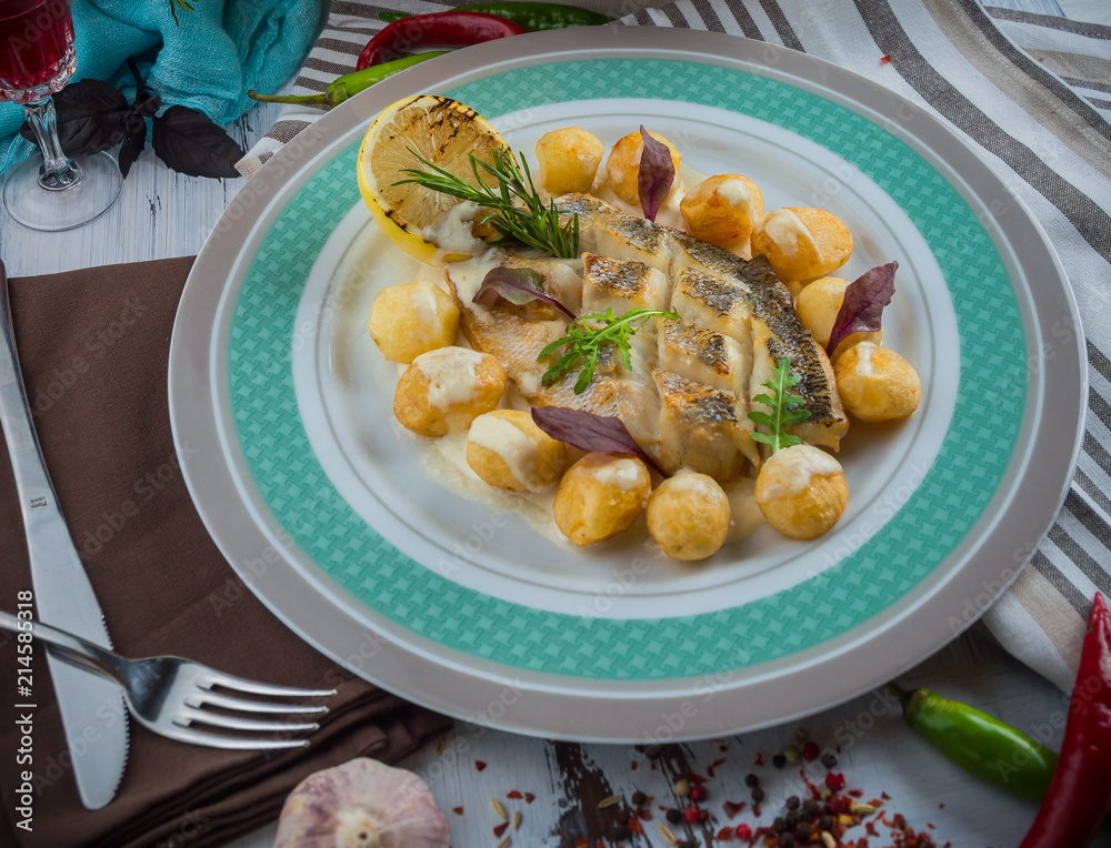 Grilled white fish with potatoes