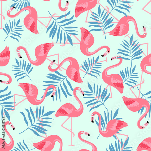 Flamingo Bird and Tropical Flowers Background - Retro seamless pattern
